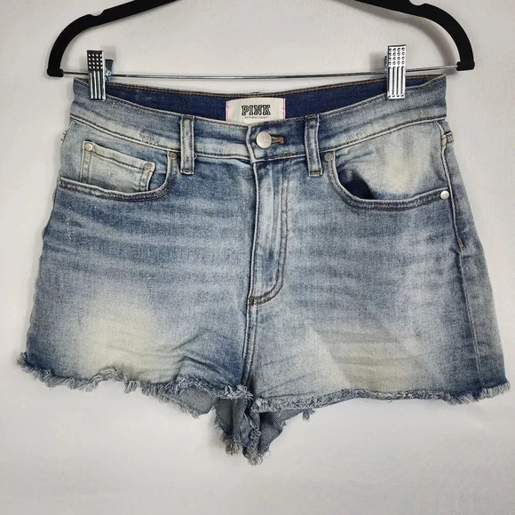 VS Pink Hi Waisted Cut Off Denim Shorts Women Sz 8 Blue Distressed 1.5" Inseam - Picture 1 of 7